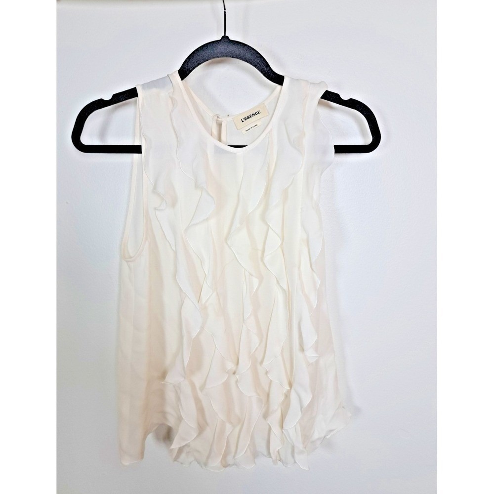 L'AGENCE Off White Ruffle Front Sleeveless Blouse Button Keyhole Back Top - Picture 7 of 9